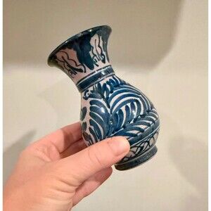 Hand-Painted Blue & White Folk Art Ceramic Vase